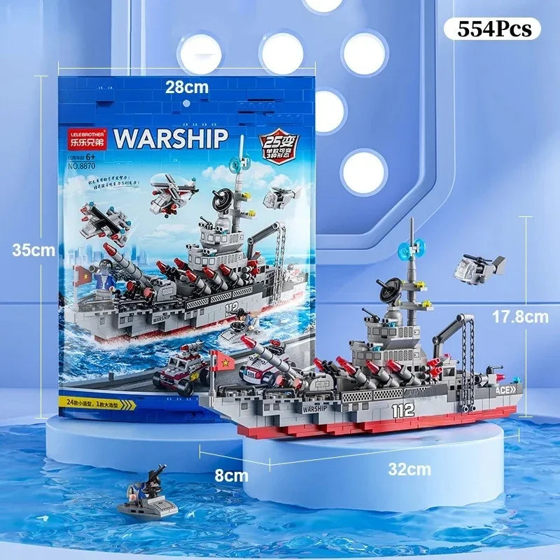 1560pcs 6 IN 1 Military Navy Ship Sets Building Blocks War Army Boat Plane Model Toys for Boys Bricks Toys Christmas Gifts