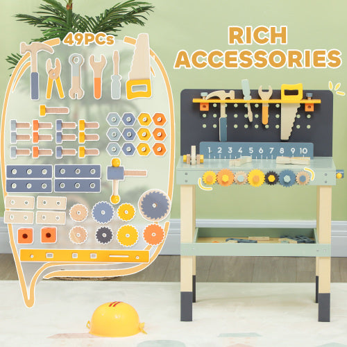 Qaba Kids Wooden Tool Bench, 49 Piece Kids Workbench Playset, Pretend Play Toy Construction Tool Set For Toddlers Age 3-6 Years, Light Blue