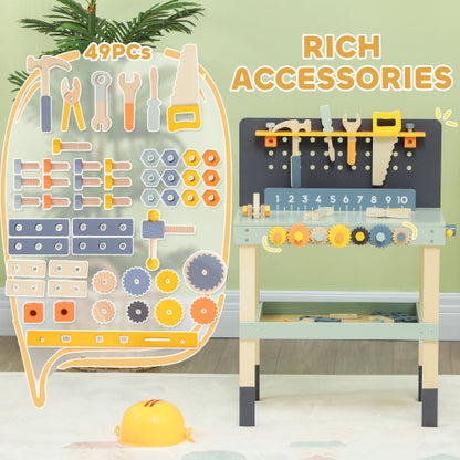 Qaba Kids Wooden Tool Bench, 49 Piece Kids Workbench Playset, Pretend Play Toy Construction Tool Set For Toddlers Age 3-6 Years, Light Blue