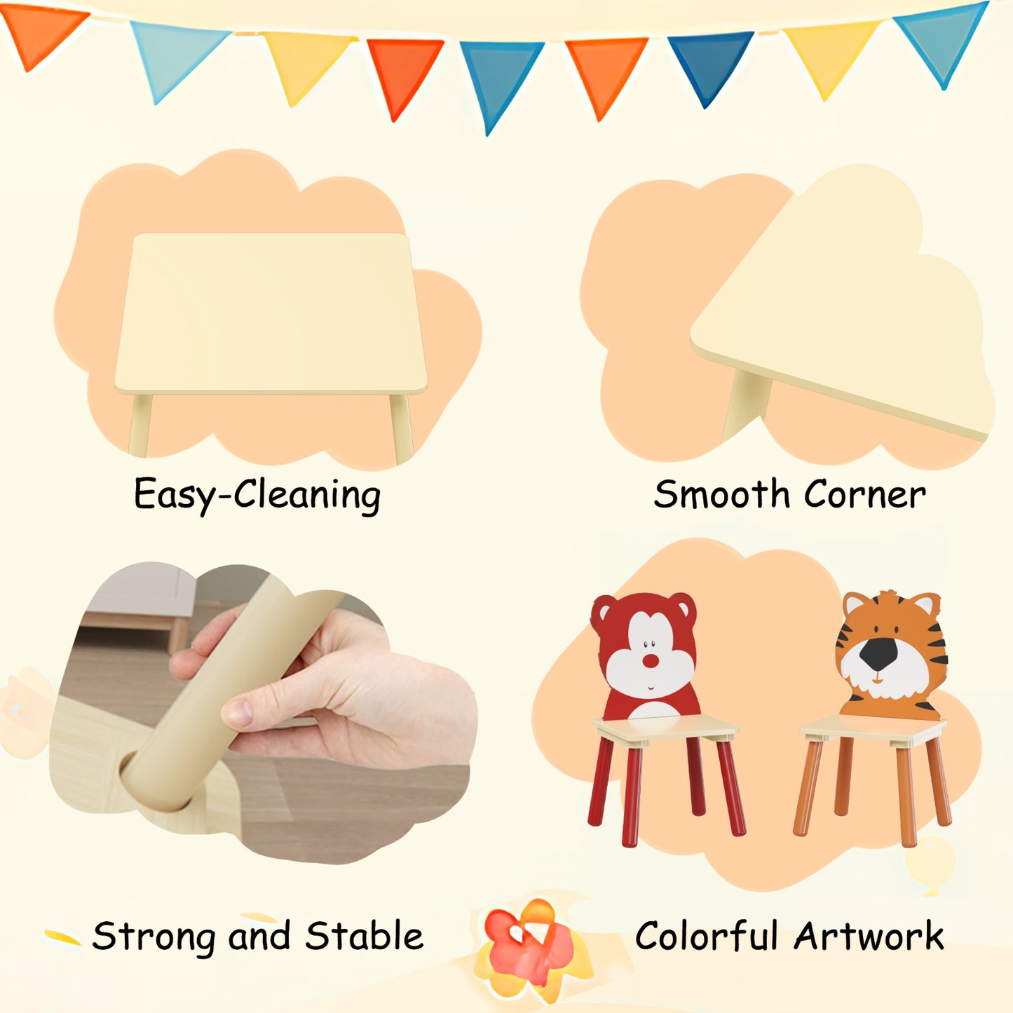 Kids Table & 2 Chairs Set, 3Pc Toddler Wooden Activity Play Set