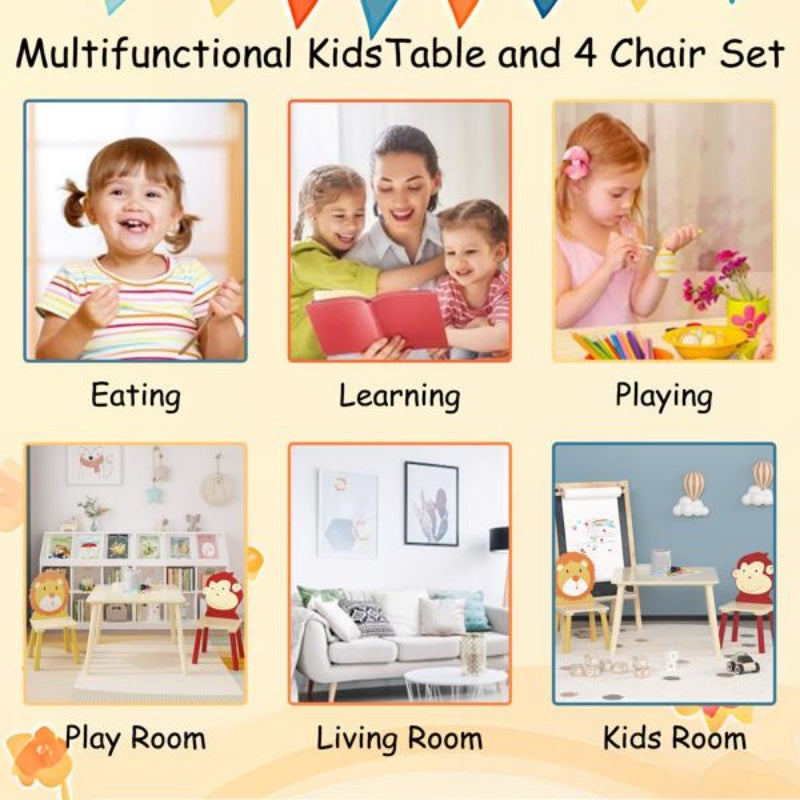 Kids Table And 2 Chairs Set, 3 Pieces Toddler Table And Chair Set, Wooden Activity Play Table Set -Lion&Monkey