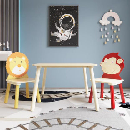 Kids Table And 2 Chairs Set, 3 Pieces Toddler Table And Chair Set, Wooden Activity Play Table Set -Lion&Monkey