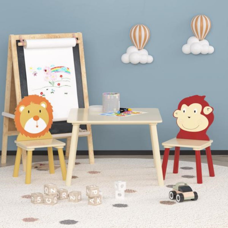 Kids Table And 2 Chairs Set, 3 Pieces Toddler Table And Chair Set, Wooden Activity Play Table Set -Lion&Monkey