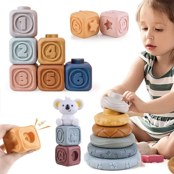 Baby Silicone Building Blocks Montessori Toys for Babies Squeeze Stacker & Teething Toys Early Learning Toy Toddler Girls Boys
