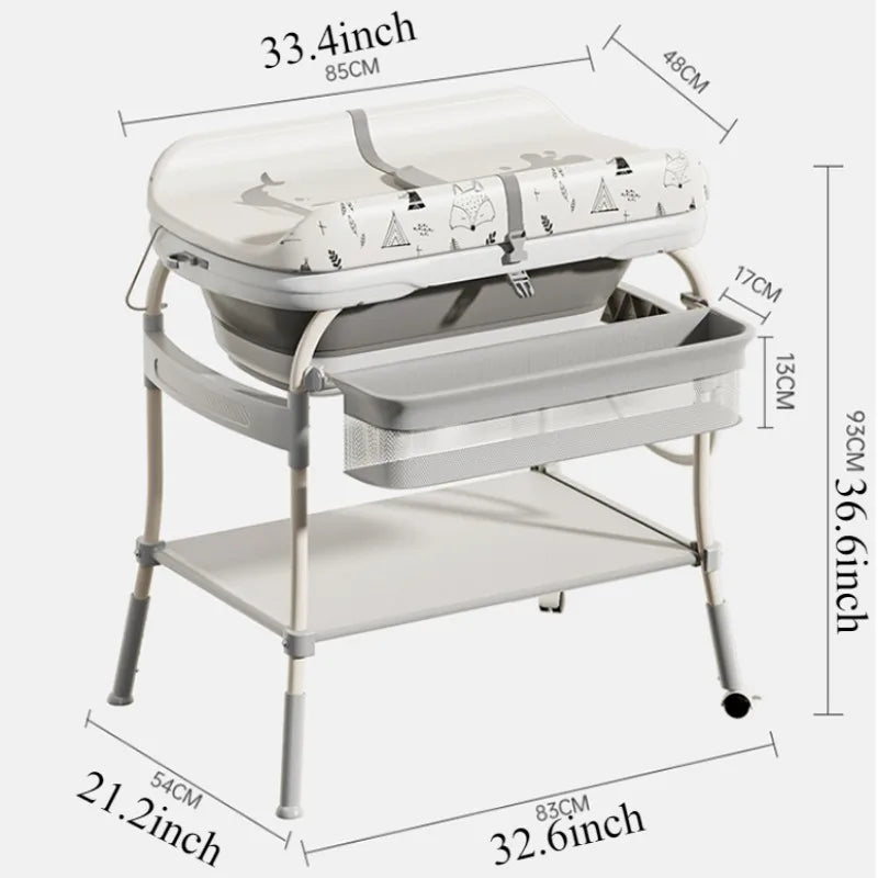 Baby Changing Table with Bathtub 2 in 1 Portable Foldable Infant Diaper Changing Table with Storage Tray 2 Wheels Anti-rollover
