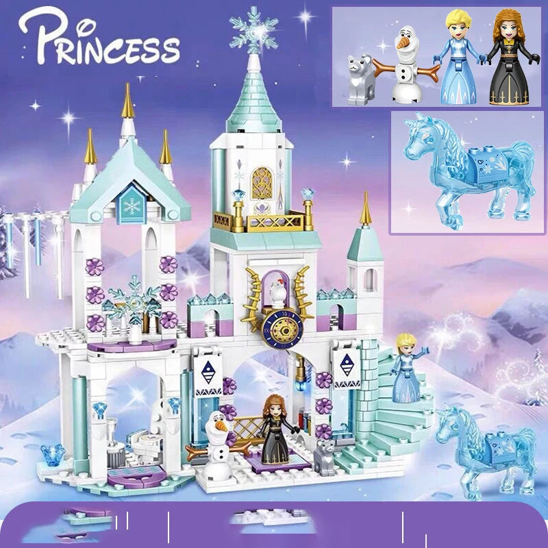 Disney Frozen Dream Princess Elsa Ice Castle Princess Magic Castle Set Building Blocks Gift Toys
