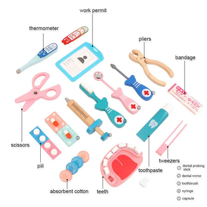 Pretend Play House Doctor Toy Wooden Medical Toolbox Dentist Set Simulation Play House Toy Role Playing Life Skill For Children