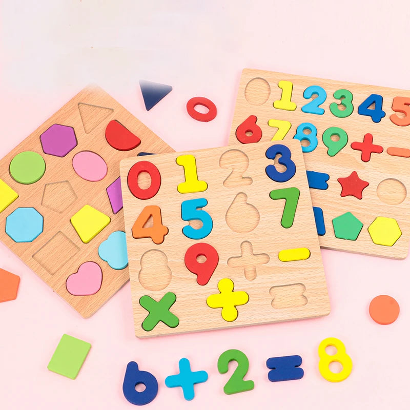 Kids Alphabetic Arithmetic Number Geometric Shapes Wooden Puzzle Montessori Preschool Learning Educational Game Toy for Children