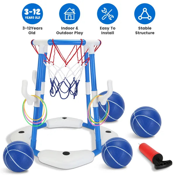 Summer Pool Basketball Hoop Toy Set With 4 Basketballs 4 Circles Pump Floating Swimming Pool Basketball Games Poolside Water Play Toy For 3-12Years Old Kids Adults GPCT5441
