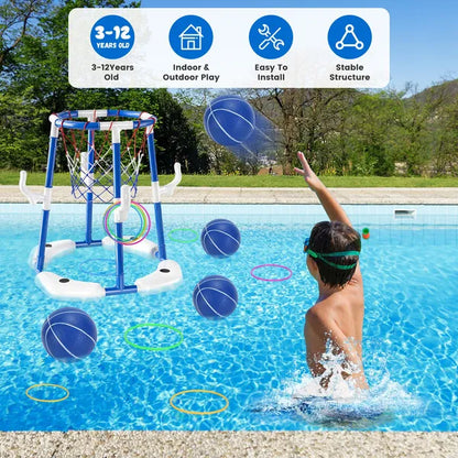 Summer Pool Basketball Hoop Toy Set With 4 Basketballs 4 Circles Pump Floating Swimming Pool Basketball Games Poolside Water Play Toy For 3-12Years Old Kids Adults GPCT5441