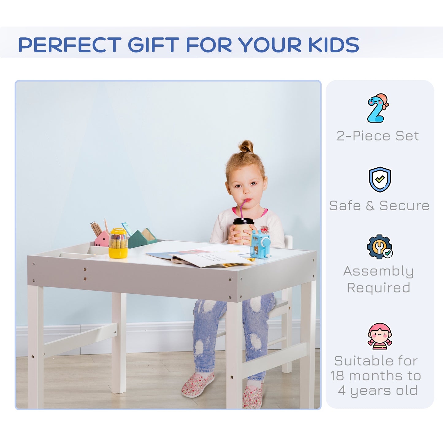 2 in 1 Kids Activity Table with Storage, Kids Building Block Table for Play, Crafts, Studying, Snacks, Toddler Table and Chair Set Playroom, Gray