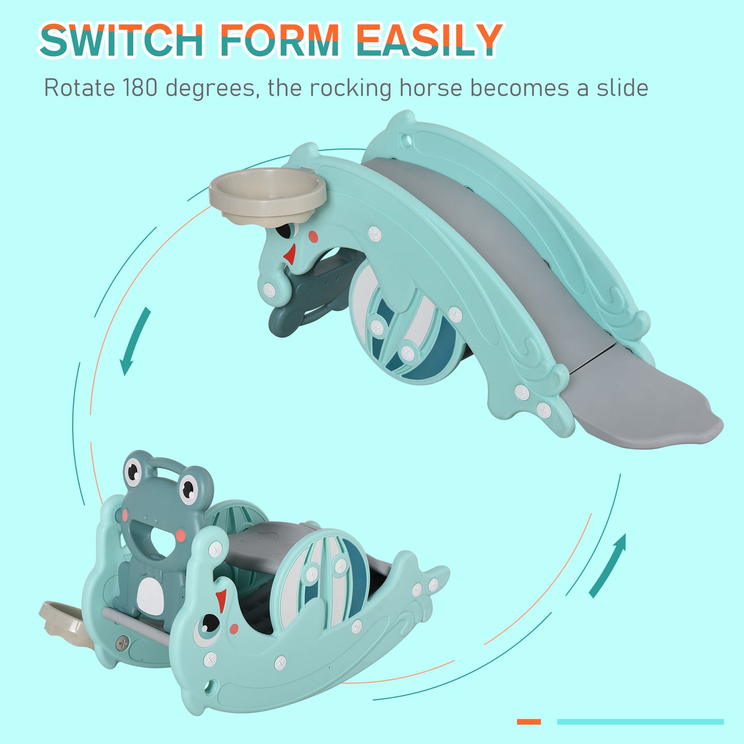 3-in-1 Kids Portable Slide Rocking Horse Toy with Basketball Hoop for Age 1.5-3 Boys and Girls